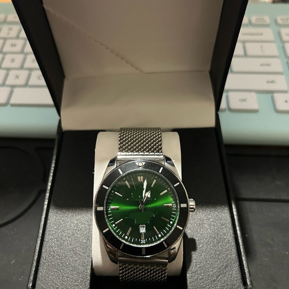 Green Dial Men's Watch with Silver Mesh Band